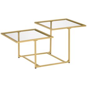 HOMCOM Gold Side Table Small Glass Coffee Table Double Tabletops Tempered Metal for Living Room Gold Clear