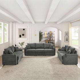 Modern 7 seats Sofa set with Storage, Deep Seat Sofa with Cup Holders & Phone Holder Charging Ports, Corduroy Couch for Living Room,Grey