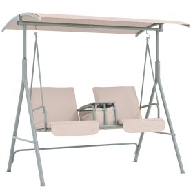 2-Seater Outdoor Porch Swing With Canopy And Table, Patio Swing Chair For Garden, Poolside, Backyard, Beige (Color: BEIGE)