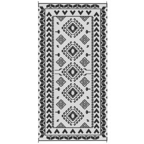 Reversible Outdoor Rug, Waterproof Plastic Straw With Carry Bag, 9 X 18, Black & White Rhombus Patchwork (Color: BLACK)