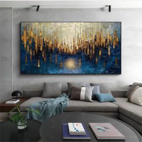 Large Original Gold Oil Painting on Canvas Abstract Minimalist Blue Textured Wall Art Custom Painting,Boho Wall Décor Living room Wall Decor (Style: 01, size: 70X140cm)